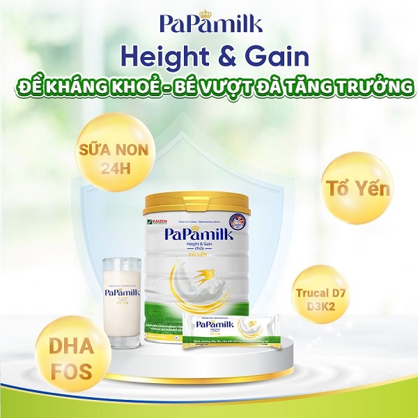 hình sản phẩm lon sữa bột papamilk height and gain