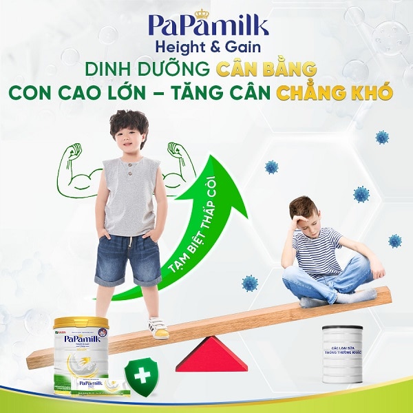 uống Sữa Bột PaPamilk Heigth and Gain giúp con cao lớn, tăng cân